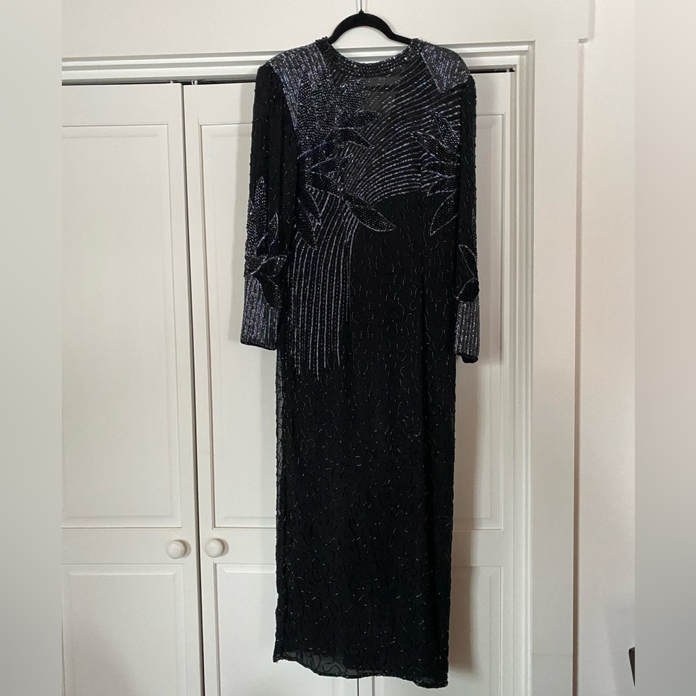 deco 80s black maxi dress sequins beads vintage party chic prom medium
